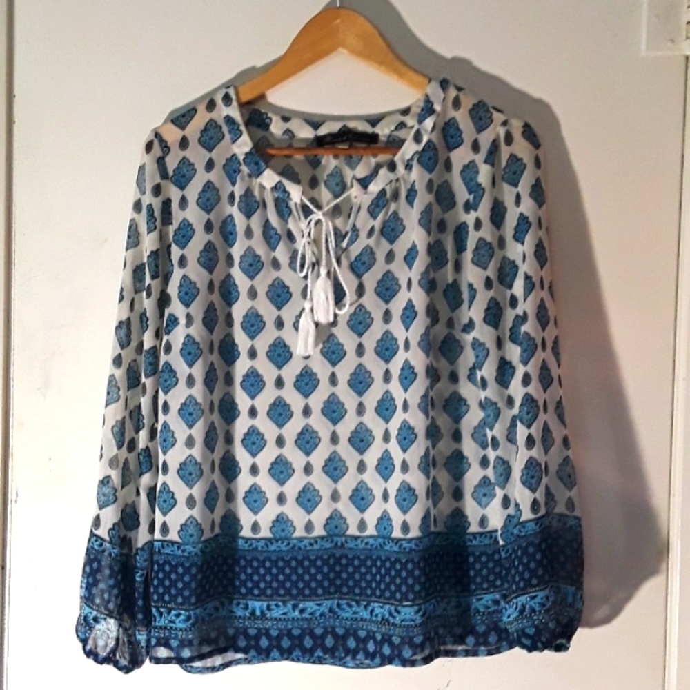 Rose & Olive Sheer Flowy Boho Hippie Style Longsleeve top with tassels size S
